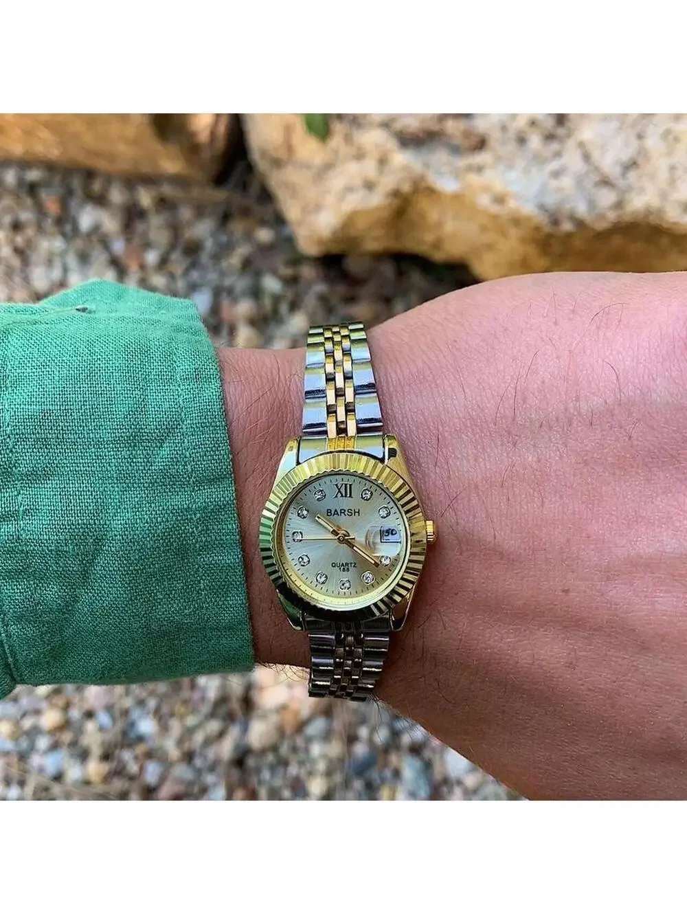 Classy Y2K 2000s style Silver and Gold watch with diamond accents. Nice quality